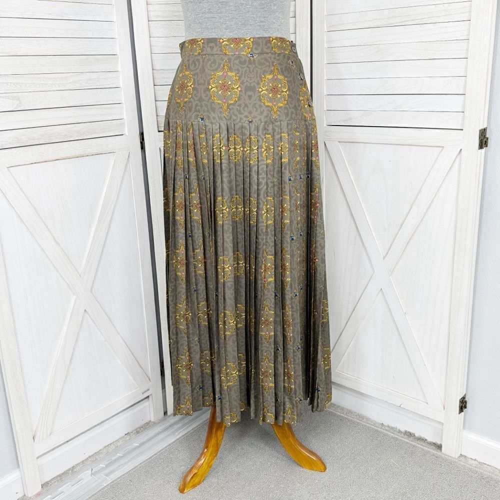 Calliope Vintage Jewel Damask Print Pleated Maxi Skirt Taupe‎ 10